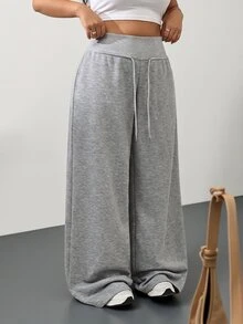 SHEIN Tall CURVE 大尺碼高腰灰色針織抓絨抽繩寬鬆運動休閒居家長褲，適合冬季畢業季返校女性穿著 - 淺灰色 - 查看 8