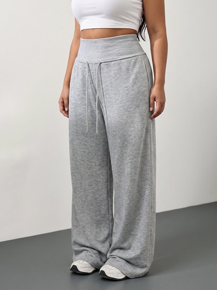 SHEIN Tall CURVE Celana Panjang Kasual Olahraga Longgar Berbahan Rajut Bulu Abu-abu Pinggang Tinggi Ukuran Besar dengan Tali Serut, Cocok untuk Musim Wisuda Musim Dingin, Kembali ke Sekolah untuk Wanita - Light Grey - View 7