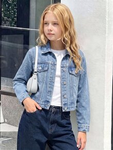 SHEIN 青少年女孩 Y2K 休閒街頭風牛仔夾克外套 春秋冬款 淺藍色 飾白色珍珠 修身版型 柔軟面料 校園穿搭 - 淺色水洗藍 - 查看 4