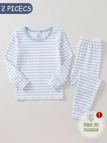 1 Set Baby Boys Fall Autumn/Winter Pajamas Minimalist Gentle Blue Series Striped Print Knitted Snug Fit High Elastic Fabric Long Sleeve Pants Cozy - Multicolor - View 4