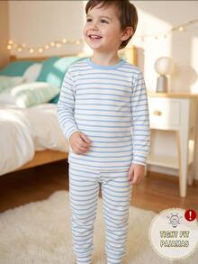 1 Set Baby Boys Fall Autumn/Winter Pajamas Minimalist Gentle Blue Series Striped Print Knitted Snug Fit High Elastic Fabric Long Sleeve Pants Cozy - Multicolor - View 7
