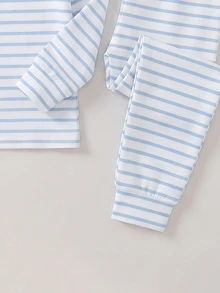 1 Set Baby Boys Fall Autumn/Winter Pajamas Minimalist Gentle Blue Series Striped Print Knitted Snug Fit High Elastic Fabric Long Sleeve Pants Cozy - Multicolor - View 6