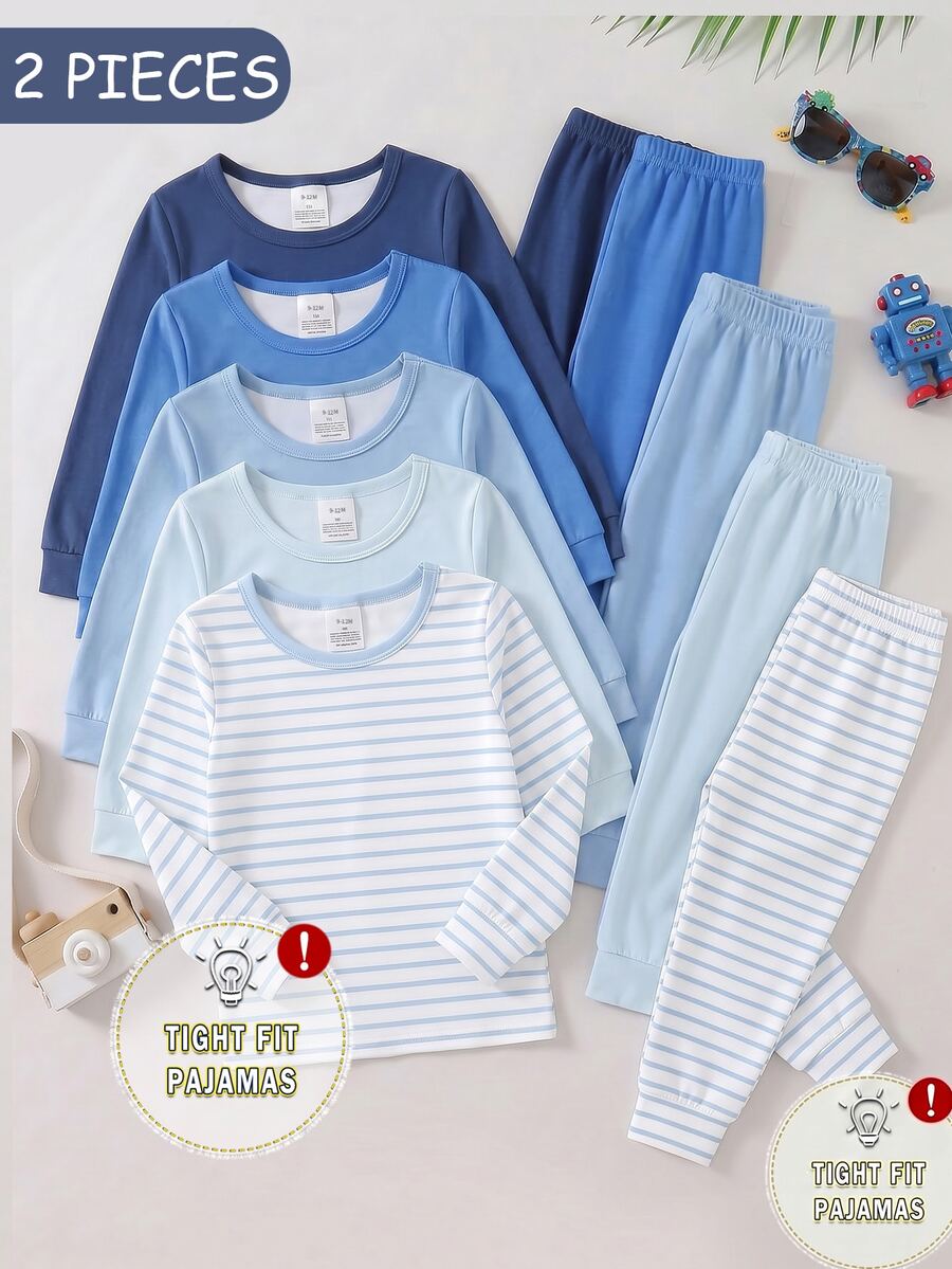 1 Set Baby Boys Fall Autumn/Winter Pajamas Minimalist Gentle Blue Series Striped Print Knitted Snug Fit High Elastic Fabric Long Sleeve Pants Cozy