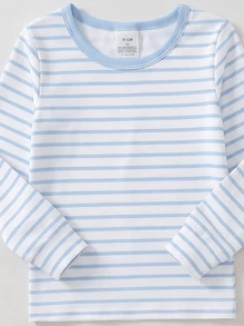 1 Set Baby Boys Fall Autumn/Winter Pajamas Minimalist Gentle Blue Series Striped Print Knitted Snug Fit High Elastic Fabric Long Sleeve Pants Cozy - Multicolor - View 5