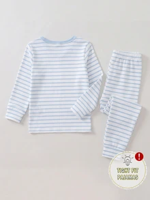 1 Set Baby Boys Fall Autumn/Winter Pajamas Minimalist Gentle Blue Series Striped Print Knitted Snug Fit High Elastic Fabric Long Sleeve Pants Cozy - Multicolor - View 3