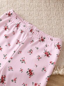 SHEIN 4件套 女童碎花甜美可爱百搭杏色莫兰迪色罗纹针织打底裤套装 - 粉色 - 查看 8