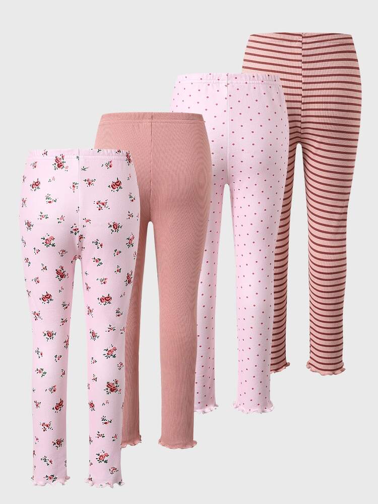 SHEIN Young Girls Leggings,Pack Of Four Floral Polka Dot Striped Solid Pastel Pink Mauve Ruffle Hem Elastic Waist Summer Fairy Essentials Everyday Cozy - Pink - View 2