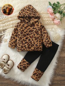 SHEIN Playful Pals 女嬰豹紋抓絨連帽衛衣與長褲套裝 幼兒抓絨運動衫長褲 秋冬 2件組保暖休閒套裝 - 棕色 - 查看 5
