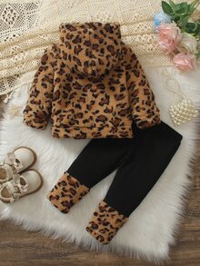 SHEIN Playful Pals 女嬰豹紋抓絨連帽衛衣與長褲套裝 幼兒抓絨運動衫長褲 秋冬 2件組保暖休閒套裝 - 棕色 - 查看 3