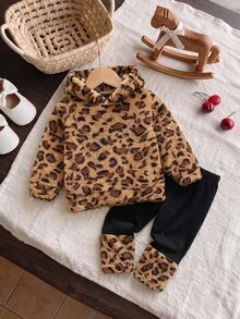 SHEIN Playful Pals 女嬰豹紋抓絨連帽衛衣與長褲套裝 幼兒抓絨運動衫長褲 秋冬 2件組保暖休閒套裝 - 棕色 - 查看 4