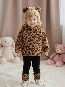 SHEIN Playful Pals 女嬰豹紋抓絨連帽衛衣與長褲套裝 幼兒抓絨運動衫長褲 秋冬 2件組保暖休閒套裝 - 棕色 - 查看 7