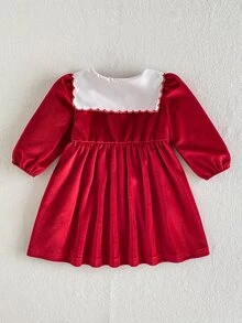 SHEIN Playful Pals 1件幼童女款天鵝絨洋裝，優雅紅白色櫻桃刺繡，波浪領長袖鈕扣設計，柔軟百褶公主裙，適合冬季聖誕節假期穿著 - 紅色 - 查看 2