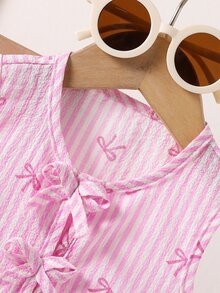 Souflis Souflis 2件組女嬰幼兒新生兒0-3歲夏季度假可愛蝴蝶結粉色與白色條紋背心上衣+長褲套裝，秋季機場家庭穿搭可愛風 - 粉色 - 查看 7