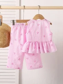 Souflis Souflis 2件組女嬰幼兒新生兒0-3歲夏季度假可愛蝴蝶結粉色與白色條紋背心上衣+長褲套裝，秋季機場家庭穿搭可愛風 - 粉色 - 查看 3