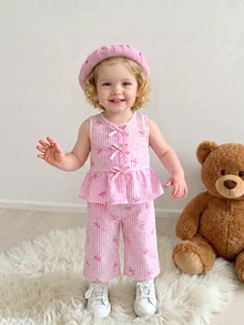 Souflis Souflis 2件組女嬰幼兒新生兒0-3歲夏季度假可愛蝴蝶結粉色與白色條紋背心上衣+長褲套裝，秋季機場家庭穿搭可愛風 - 粉色 - 查看 4