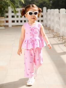Souflis Souflis 2件組女嬰幼兒新生兒0-3歲夏季度假可愛蝴蝶結粉色與白色條紋背心上衣+長褲套裝，秋季機場家庭穿搭可愛風 - 粉色 - 查看 5