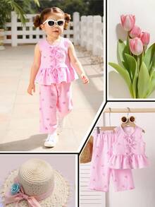Souflis Souflis 2件組女嬰幼兒新生兒0-3歲夏季度假可愛蝴蝶結粉色與白色條紋背心上衣+長褲套裝，秋季機場家庭穿搭可愛風 - 粉色 - 查看 2