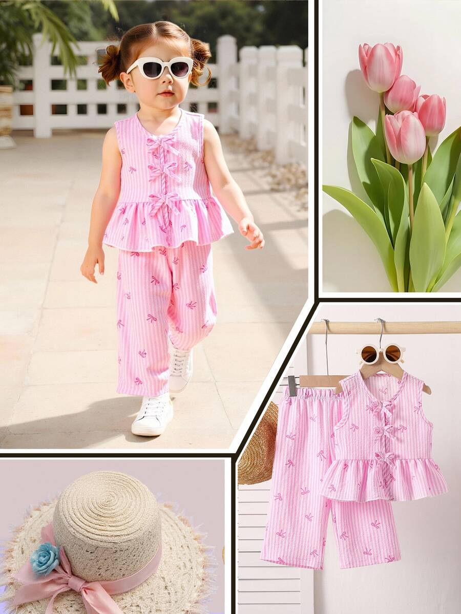 Souflis Souflis 2件組女嬰幼兒新生兒0-3歲夏季度假可愛蝴蝶結粉色與白色條紋背心上衣+長褲套裝，秋季機場家庭穿搭可愛風