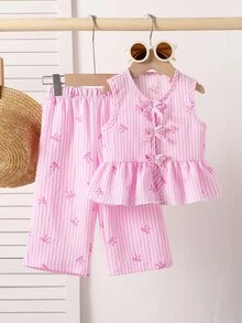 Souflis Souflis 2件組女嬰幼兒新生兒0-3歲夏季度假可愛蝴蝶結粉色與白色條紋背心上衣+長褲套裝，秋季機場家庭穿搭可愛風 - 粉色 - 查看 6