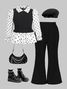Elladie kids 女童春秋休閒襯衫套裝，白色3D蝴蝶結，淺粉色針織刷毛羅紋布拼接梭織面料，白色長袖翻領荷葉邊下擺2合1襯衫上衣，搭配淺粉色刷毛羅紋休閒喇叭長褲，2件套，適合返校季、休閒時尚、甜美可愛女孩、日常穿著、旅行、拍照 - 黑色 - 查看 5