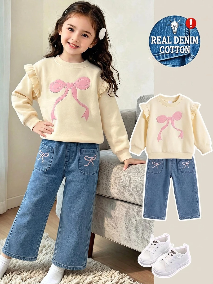 SHEIN Elladie kids 女童刺繡牛仔蝴蝶結連帽衛衣與運動衫套裝，可愛上衣，牛仔兩件套，甜美蝴蝶結刺繡保暖內裡帽子