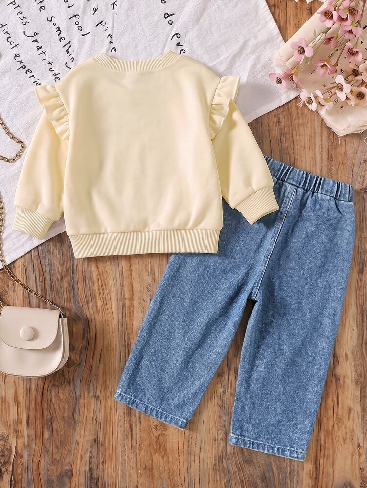 SHEIN Elladie kids Young Girls Embroidered Denim Bow Hoodie & Sweatshirt Co-Ords, Cute Tops, Denim Two Piece Set Girl Sweet Bow Embroidery Thermal-Lined Cap - Apricot - View 2