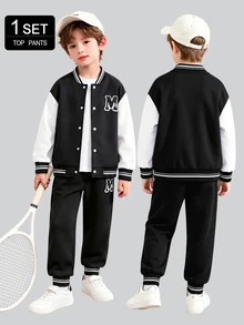 SHEIN Vacaura Tween Boy Letter Print Black And White Contrast Color Baseball Collar Jacket And Pants 2 Piece Outfit Set, Athletic Cool School Back-To-School Autumn - Black - View 3