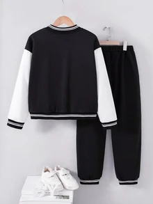 SHEIN Vacaura Tween Boy Letter Print Black And White Contrast Color Baseball Collar Jacket And Pants 2 Piece Outfit Set, Athletic Cool School Back-To-School Autumn - Black - View 2