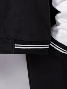 SHEIN Vacaura Tween Boy Letter Print Black And White Contrast Color Baseball Collar Jacket And Pants 2 Piece Outfit Set, Athletic Cool School Back-To-School Autumn - Black - View 5