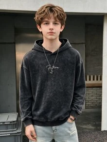 SHEIN Coolqubz 1件青少年男孩街頭風極簡連帽套頭衛衣，舒適面料，修身版型，適合運動與街頭穿搭，四季皆宜 - 深灰色 - 查看 4