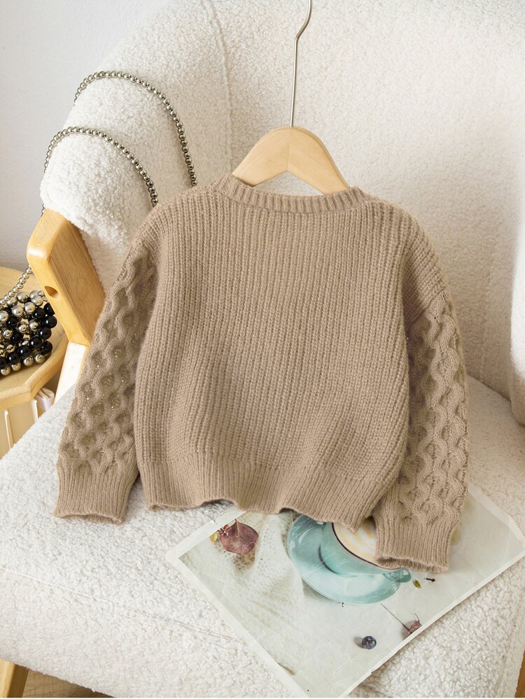 Genkimix Kids New Fashion Versatile Girls' Commuter Minimalist Small V-Neck Brown Cardigan Autumn Winter - Mustard Yellow - View 2