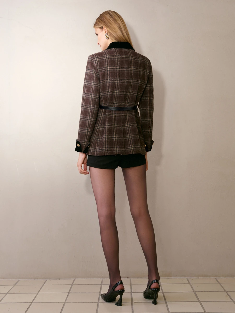 MOTF CONTRAST PEAK COLLAR PLAID PATTERN DOUBLE BREASTED PLACKET BLAZER WITH BELT - Brown - View 2