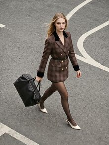 MOTF CONTRAST PEAK COLLAR PLAID PATTERN DOUBLE BREASTED PLACKET BLAZER WITH BELT - Brown - View 1