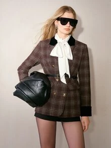 MOTF CONTRAST PEAK COLLAR PLAID PATTERN DOUBLE BREASTED PLACKET BLAZER WITH BELT - Brown - View 5