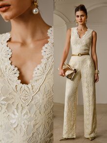 ZEYLAH Women's V-Neck Lace Casual Versatile Daily Wear Top - Apricot - View 1