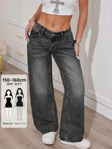 SHEIN PETITE 女款直筒寬鬆休閒百搭黑色牛仔褲，附口袋，秋冬小個女款日常穿搭 - 灰色 - 查看 6