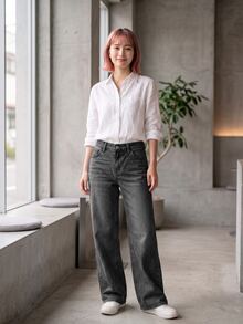 SHEIN PETITE 女款直筒寬鬆休閒百搭黑色牛仔褲，附口袋，秋冬小個女款日常穿搭 - 灰色 - 查看 8
