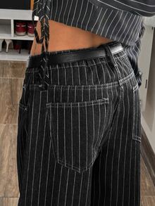 StreetHx Striped Print Low Waist Straight Leg Jeans Without Belt - Black - View 7