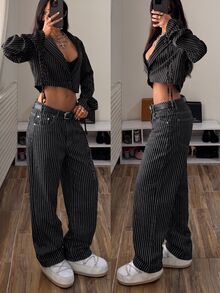 StreetHx Striped Print Low Waist Straight Leg Jeans Without Belt - Black - View 3