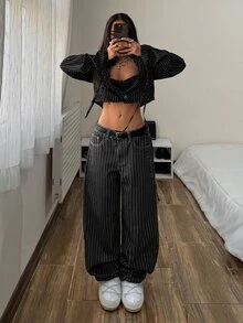 StreetHx Striped Print Low Waist Straight Leg Jeans Without Belt - Black - View 8