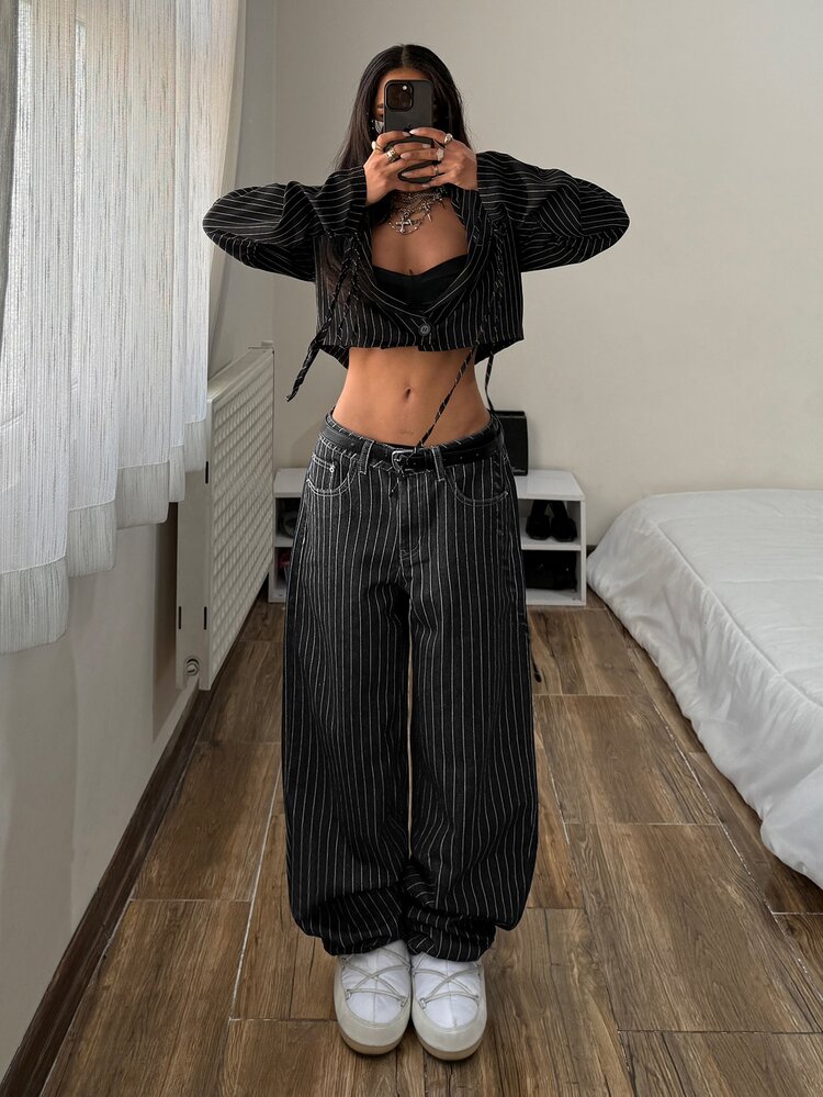 StreetHx Striped Print Low Waist Straight Leg Jeans Without Belt - Black - View 8