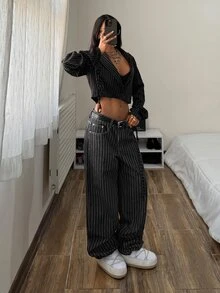 StreetHx Striped Print Low Waist Straight Leg Jeans Without Belt - Black - View 4