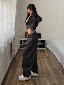 StreetHx Striped Print Low Waist Straight Leg Jeans Without Belt - Black - View 6