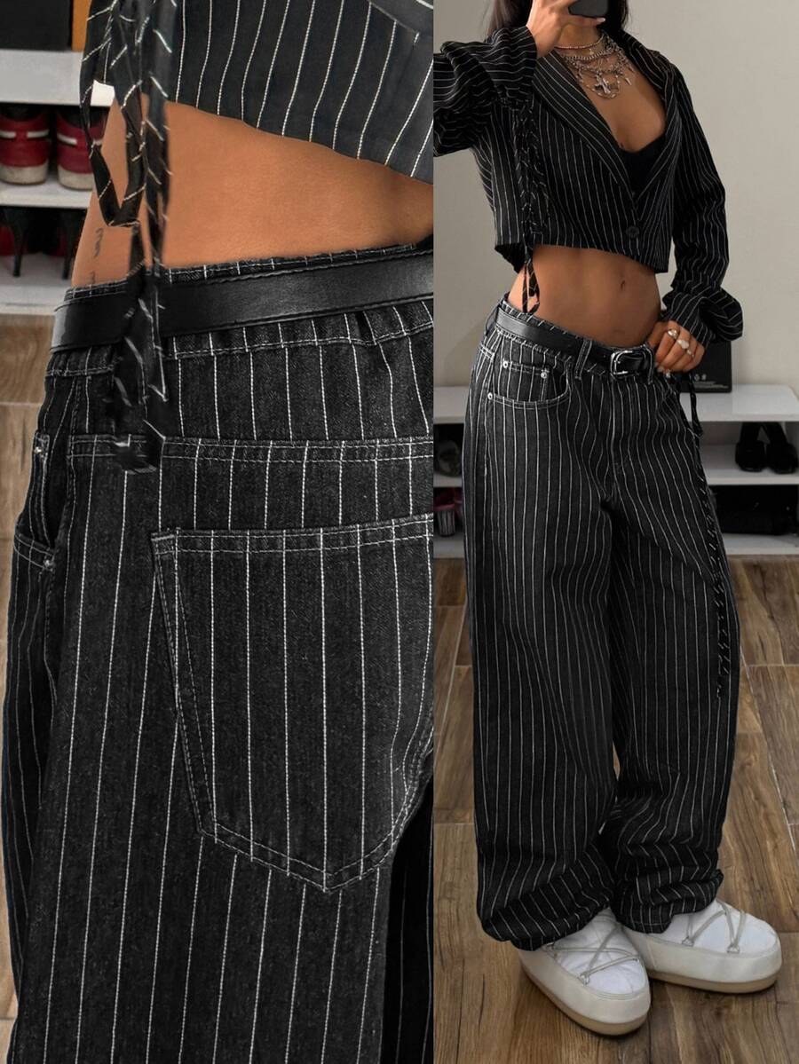 StreetHx Striped Print Low Waist Straight Leg Jeans Without Belt - Black - View 1