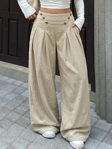 Rivivi Plus Size Women's Napoleon Style Washed Solid Color Denim Jeans - Apricot - View 9