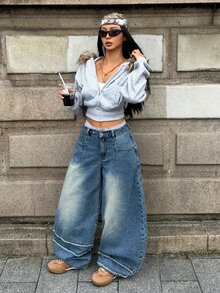 StreetHx Fashionable Casual Hot Girl Vintage Street Style Deconstructed Patchwork Raw Edge Low Waist Denim Curved Leg Pants - Medium Wash - View 3