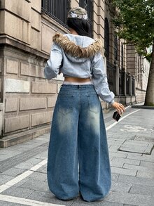 StreetHx Fashionable Casual Hot Girl Vintage Street Style Deconstructed Patchwork Raw Edge Low Waist Denim Curved Leg Pants - Medium Wash - View 4