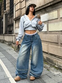 StreetHx Fashionable Casual Hot Girl Vintage Street Style Deconstructed Patchwork Raw Edge Low Waist Denim Curved Leg Pants - Medium Wash - View 5