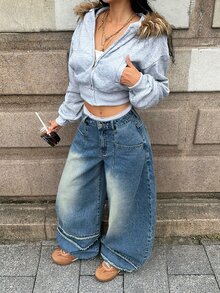 StreetHx Fashionable Casual Hot Girl Vintage Street Style Deconstructed Patchwork Raw Edge Low Waist Denim Curved Leg Pants - Medium Wash - View 7