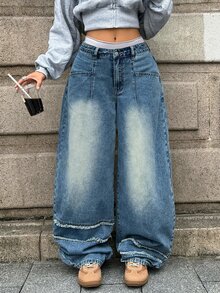 StreetHx Fashionable Casual Hot Girl Vintage Street Style Deconstructed Patchwork Raw Edge Low Waist Denim Curved Leg Pants - Medium Wash - View 1